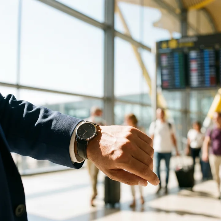Chófer mirando la hora en llegadas de Madrid–Barajas, listo en cuanto aterriza tu vuelo