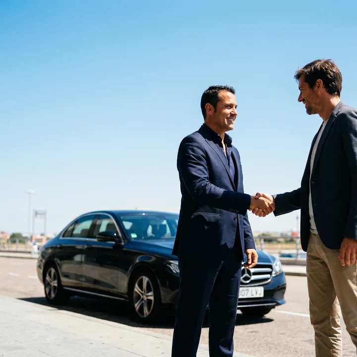 Chófer y cliente cerrando el precio de un traslado al aeropuerto junto a un coche negro en Madrid