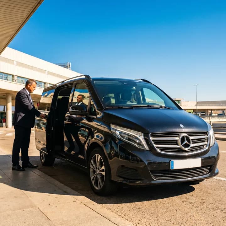 Chófer profesional abriendo la puerta de un coche negro en la terminal del aeropuerto de Madrid